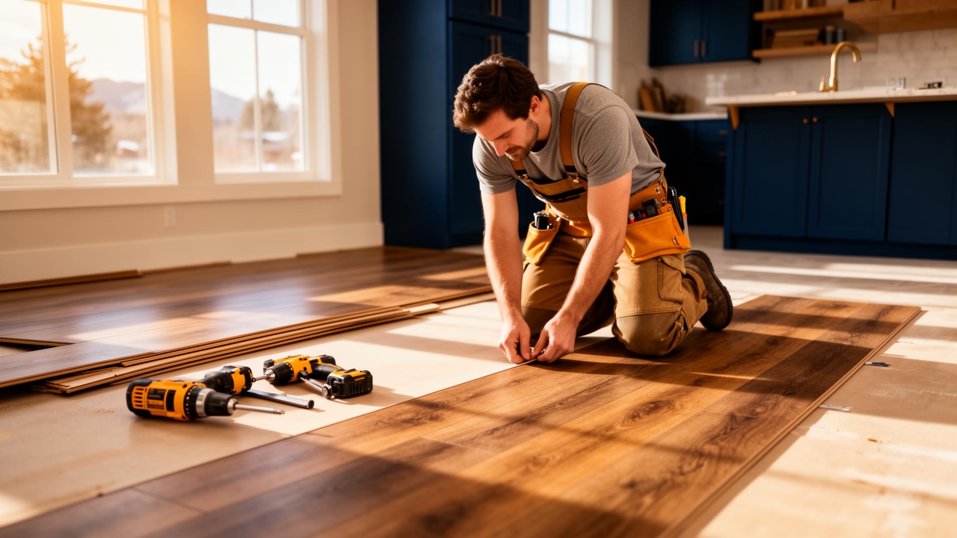 Friendly handyman installing luxury vinyl plank flooring in a Colorado home